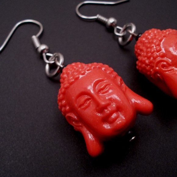 Earrings - Buddha Heads - Coral Color - Picture 1 of 2